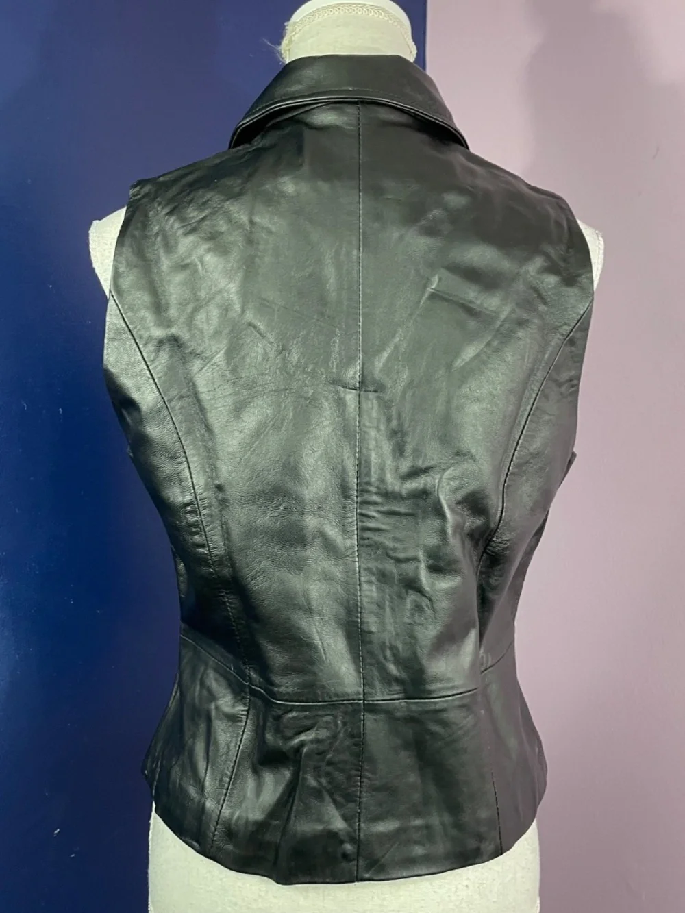Lambskin Leather Biker Vest M Black Full Zip Collared Sleeveless Jacket Smooth